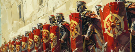 A dynamic illustration of Roman legionaries in formation with shields and spears, advancing in battle.の写真素材