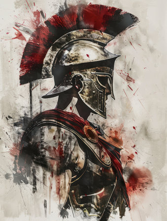 A side profile illustration of a Spartan warrior in armor and helmet, rendered with dynamic paint splatters and abstract strokes.の写真素材