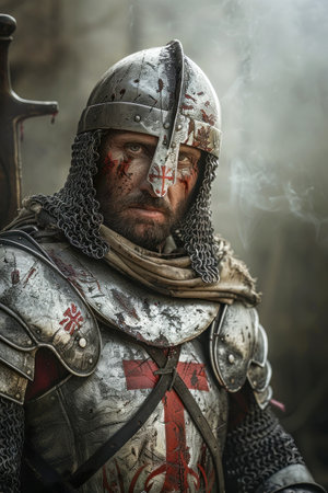 Gritty close-up of a Templar knight in chainmail, helmet with red cross, and bloodstained armor.の写真素材