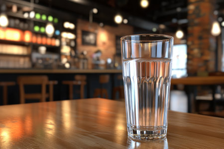 A glass of sparkling water with bubbles on a table, bathed in warm sunlight with a blurred natural background.の写真素材