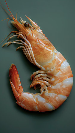 A detailed close-up of an orange shrimp with intricate textures and antennae against a dark background.の写真素材