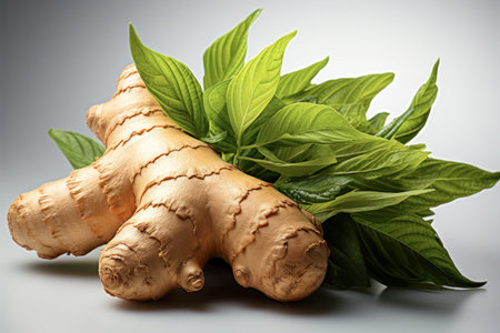 A close-up of fresh, organic ginger roots stacked on a wooden surface, captured with intricate detailsの写真素材