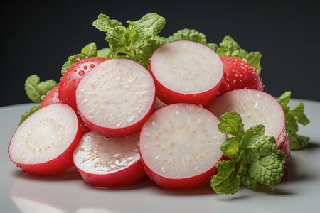 Close-up of sliced radishes with fresh mint leaves, showing their vibrant color and texture.の写真素材