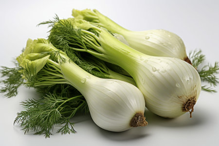 Close-up of fresh fennel bulbs with green fronds and water droplets, showing their natural texture and freshness.の写真素材