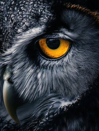 Close-up portrait of an owl's face with a striking orange eye and detailed feathers, highlighting its fierce and focused expression.の写真素材