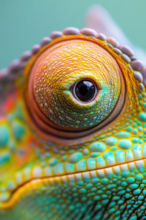 Macro shot of a chameleon's vibrant eye and textured skin, showing a mix of bright colors and intricate details.の写真素材