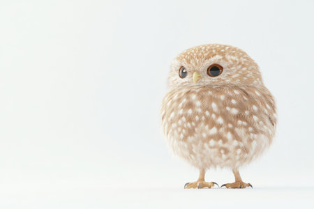 A cute white owl with bright yellow eyes stands on a white background, casting a shadow, in a minimalistic style.の写真素材
