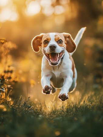 A cheerful beagle dog joyfully running on a dirt path in a forest during golden hour, with autumn leaves around.の写真素材