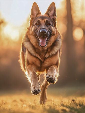 Energetic German Shepherd running outdoors at sunset, with warm golden light and grassy background.の写真素材