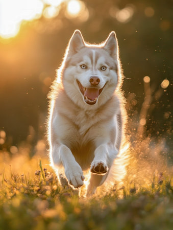 A joyful husky running at full speed along a forest path, bathed in golden sunset light.の写真素材