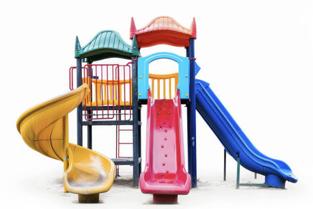 Vibrant playground with slides, stairs, and tower, designed for children's outdoor fun and play.の写真素材