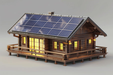 Minimalist model of a house featuring solar panels on the roof, symbolizing eco-friendly energy...