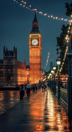 A night view of Big Ben glowing against a dark sky, reflecting on wet streets after rain.