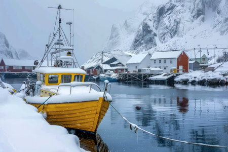 A peaceful, snow-covered fishing village with boats docked in calm water on a misty winter day.の写真素材