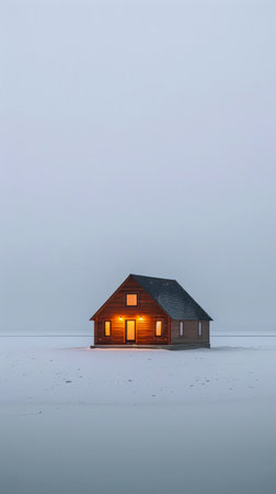 A wooden cabin with glowing lights stands isolated in a serene snow-covered landscape.の写真素材