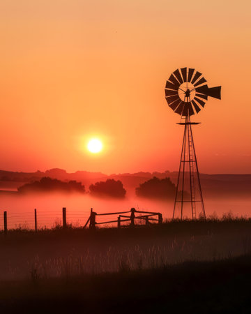 Silhouette of a windmill at dawn with mist and a vibrant orange sunrise in the background.の写真素材