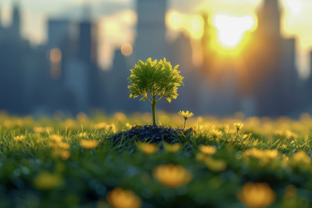 A small tree surrounded by yellow flowers in a meadow with a blurred city skyline during sunset in the background.の写真素材