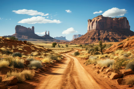 A scenic desert with towering rock formations, dry bushes, and a clear blue sky on a sunny day.の写真素材