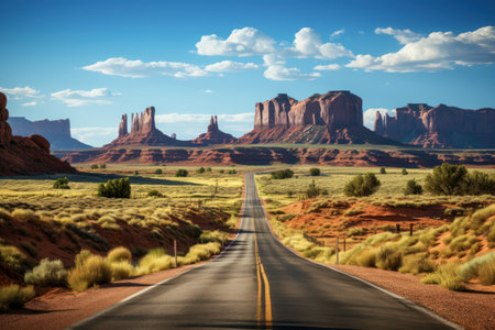 A scenic desert with towering rock formations, dry bushes, and a clear blue sky on a sunny day.の写真素材