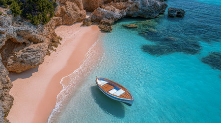 A white wooden boat resting on a quiet beach with pink sand and clear turquoise waters under a bright blue sky.の写真素材