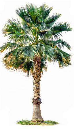 A single palm tree with lush green fronds isolated on a white background, showing its trunk and natural greenery.の写真素材