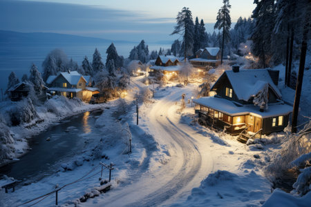 Charming wooden cabins with glowing lights nestled on a snow-covered mountainside, overlooking a tranquil winter landscape at dusk.の写真素材