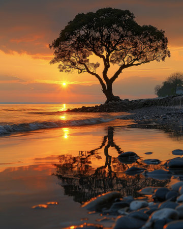 A lone tree on rocky shoreline, reflected in calm water as the sun sets, casting a golden glow.の写真素材