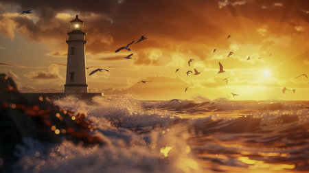 Dramatic sunset over the ocean with a lighthouse, crashing waves, and seagulls flying above the golden horizon.の写真素材