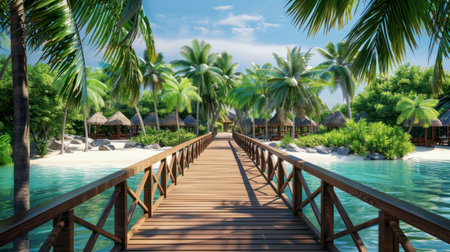 A wooden walkway leading to a tropical island resort, surrounded by palm trees, clear water, and beach huts.の写真素材