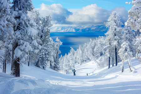 Stunning view of snow-covered trees and mountains overlooking the deep blue waters of Lake Tahoe under a bright sky.の写真素材