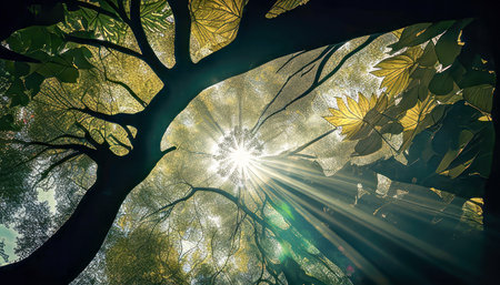 Rays of sunlight piercing through dense forest canopy, creating a stunning natural spotlight effect among the leaves and branches.の写真素材
