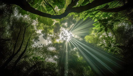 Rays of sunlight piercing through dense forest canopy, creating a stunning natural spotlight effect among the leaves and branches.の写真素材