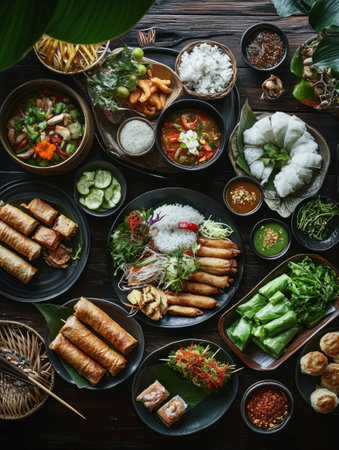 A variety of Asian dishes, including spring rolls, rice, fresh vegetables, and tofu, presented in a flat lay arrangement on a dark wooden table.の写真素材