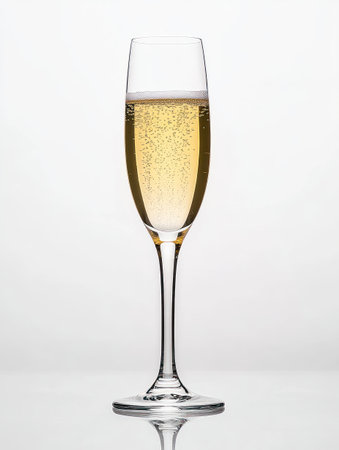 A tall flute glass filled with sparkling champagne, showing bubbles rising against a clean white background.の写真素材