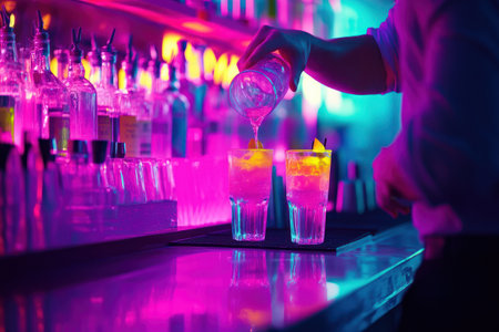 A bartender pouring drinks in a neon-lit bar, with vibrant pink and blue lights reflecting off glasses and bottles in the background.の写真素材