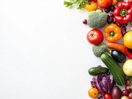Fresh organic vegetables on white background, top view. Space for textの写真素材