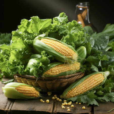 Close-up of fresh corn cobs in a rustic basket surrounded by leafy greens, captured in natural light.の写真素材