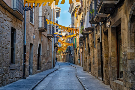 Charming medieval street with stone buildings, balconies, and decorative flags, bathed in sunlight.の写真素材
