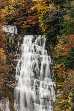 Picturesque high mountain waterfall in the Escusaneta ravine in Bujaruelo, in the Ordesa National Park.の写真素材