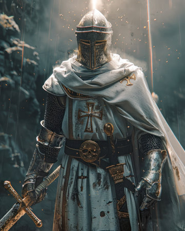 A crusader knight in full armor with a cross emblem, holding a sword under a ray of light.の写真素材