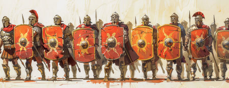A dynamic illustration of Roman legionaries in formation with shields and spears, advancing in battle.の写真素材