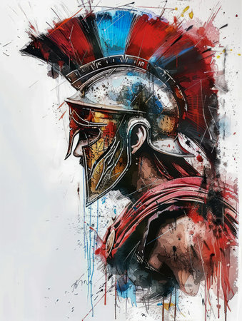 A side profile illustration of a Spartan warrior in armor and helmet, rendered with dynamic paint splatters and abstract strokes.の写真素材