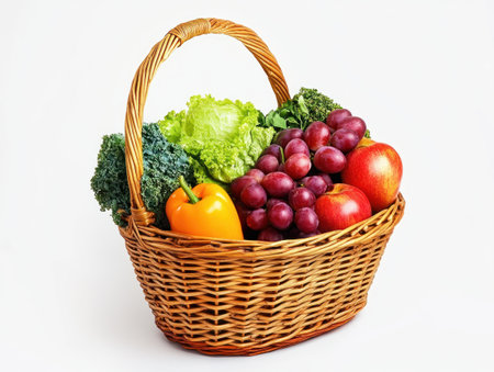 A wicker basket containing apples, grapes, lettuce, kale, yellow bell pepper, and broccoli.の写真素材