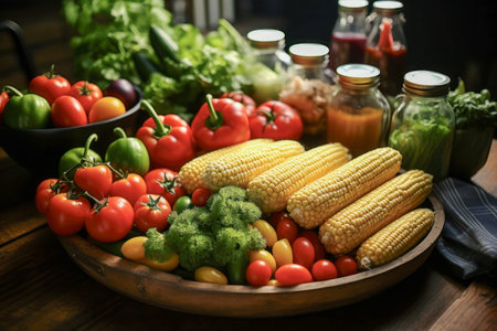 Fresh harvest of colorful vegetables in wooden crate outdoors