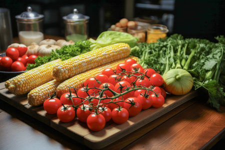 Fresh harvest of colorful vegetables in wooden crate outdoorsの写真素材