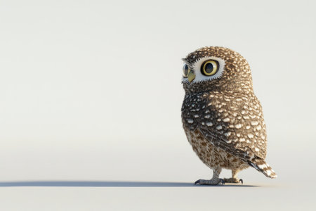 A charming snowy owl with big yellow eyes, standing against a white background, casting a soft shadow.の写真素材