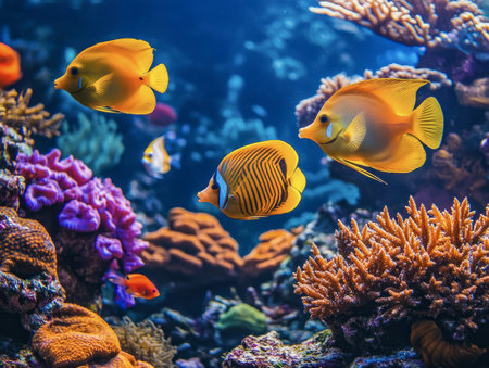 Two clownfish swim amidst colorful corals and anemones in a vibrant underwater reef ecosystem.の写真素材