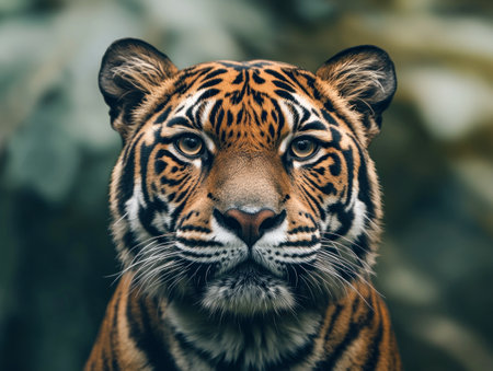 Intense close-up of a tiger's face with sharp eyes, capturing its fierce beauty.の写真素材