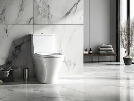 White toilet in a minimalist bathroom with marble flooring and natural sunlight.の写真素材