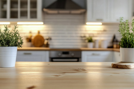 Modern kitchen with wooden countertop and potted plants, featuring white cabinetry and soft lighting.の写真素材